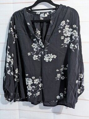Gap Black Floral V-Neck Long-Sleeve Blouse Size Large